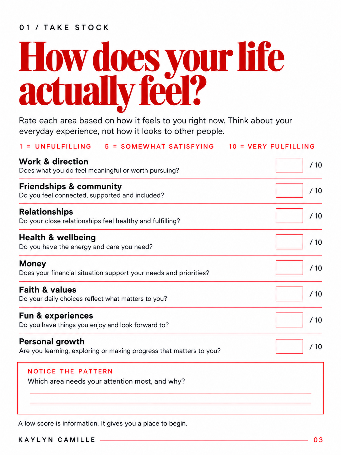 The workbook’s eight-area life audit worksheet